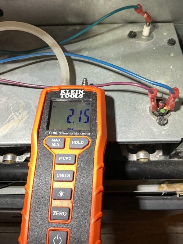 Responded to follow-up service call for furnace operational issues after recent visit on 1/9. Diagnosed pressure-related malfunction that was causing unit to operate only when filter was removed. Conducted differential pressure testing with manometer, obtaining readings of 2.15" WC and 4.04" WC at key measurement points. Adjusted system pressures to manufacturer specifications, restoring proper airflow and normal operation with filter installed.