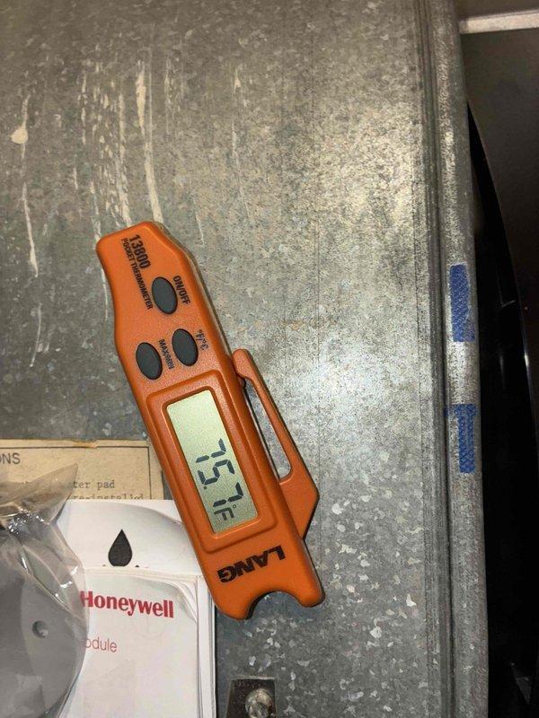 Performed heating maintenance inspection on system. Found circuit board with dust accumulation and cobwebs requiring cleaning. Verified proper operation with temperature readings of 25°F on external components.
