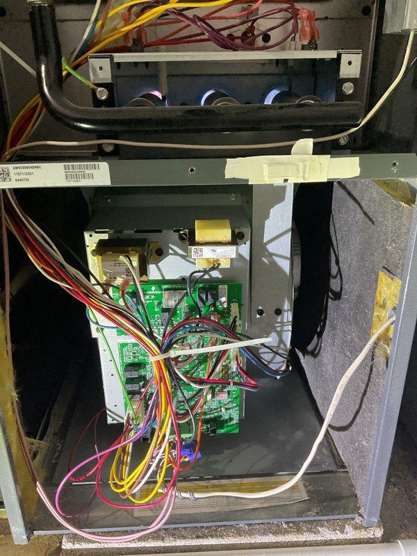 Performed monthly heating maintenance service on Amana furnace system. Inspected burner assembly confirming proper flame characteristics and verified control board functionality with all wiring connections secure. System operating normally with no issues identified.