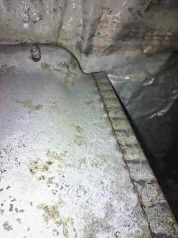 Inspected older secondary furnace that was failing to provide heat to multiple bedrooms. Identified significant moisture damage and mold growth in the unit's housing along with corrosion around the vent opening. Determined system requires replacement due to age-related deterioration and water damage compromising safe operation.