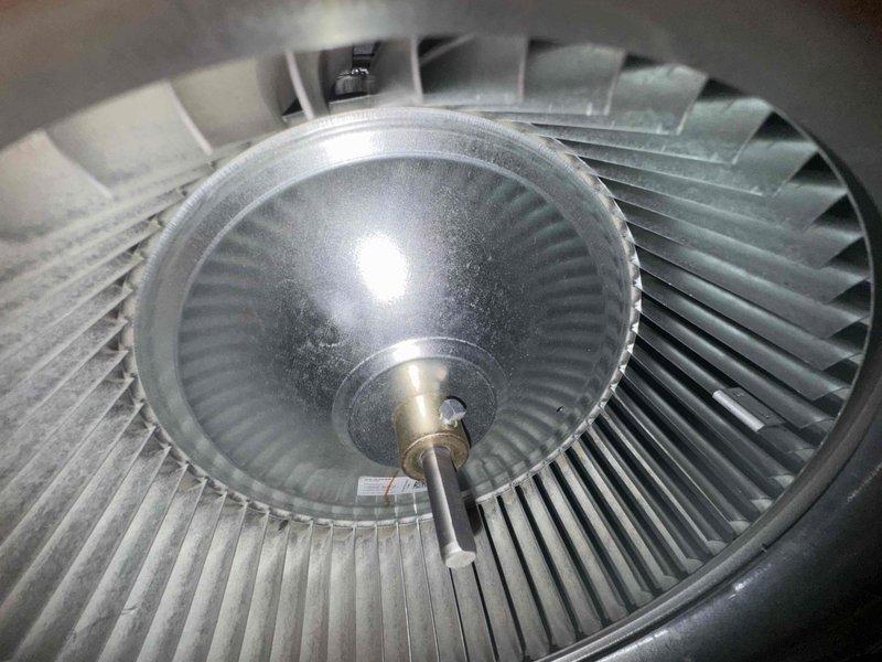 Responded to customer complaint of furnace cycling on and off. Inspected unit and discovered significant dust accumulation on blower wheel causing reduced airflow. Cleaned blower wheel assembly to restore proper air circulation and system operation, preventing further short cycling issues.
