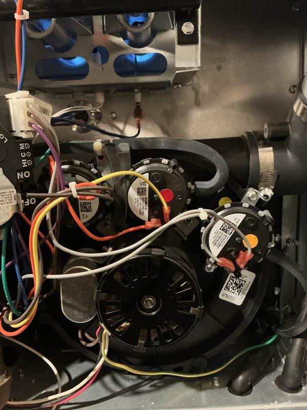 Responded to emergency no-heat service call for a 5-6 year old gas furnace experiencing intermittent operation. Diagnosed faulty pressure switches as indicated by diagnostic LEDs on the control board. Replaced defective pressure switches and verified proper system operation, restoring reliable heating function to the affected unit.
