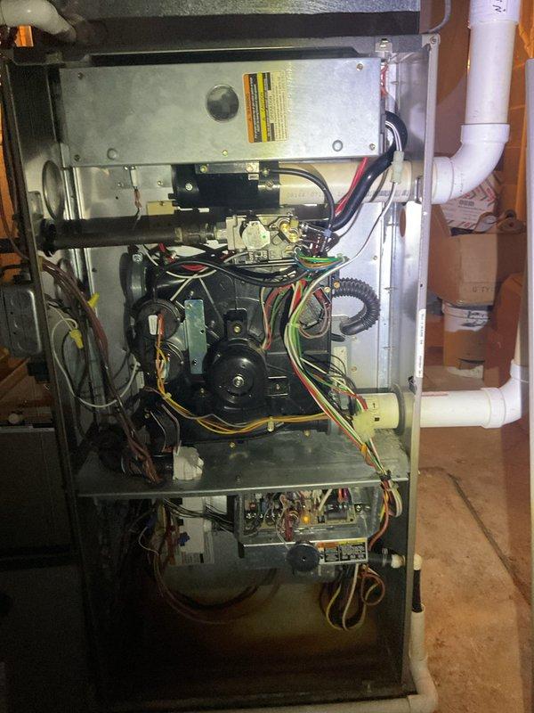 Responded to no heat call for 15+ year old furnace system. Upon inspection, accessed internal components and examined electrical connections, circuit boards, and blower motor assembly. Diagnosed and resolved issue, restoring proper heating function to the unit.