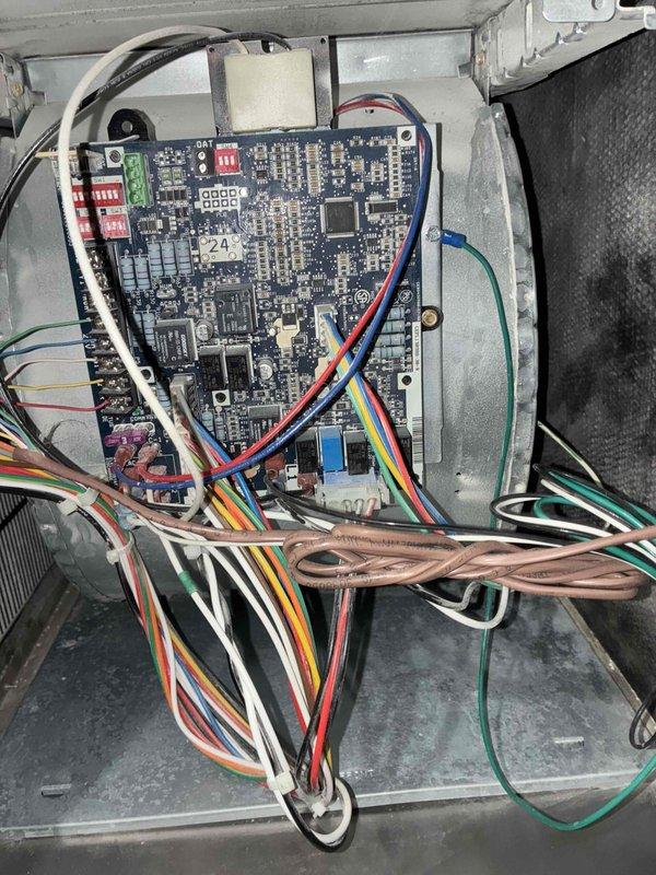Completed scheduled heating maintenance on furnace system with Aprilaire humidifier. Inspected control board with particular attention to DIP switch settings and wiring connections. All components functioning properly with no issues found.