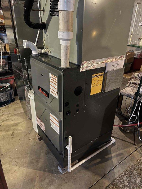 Successfully installed new high-efficiency furnace with proper ventilation system using PVC exhaust piping. Completed all necessary plumbing connections including brass valves and multiple pipe fittings. System was properly mounted, connected to existing ductwork, and verified for safe operation.