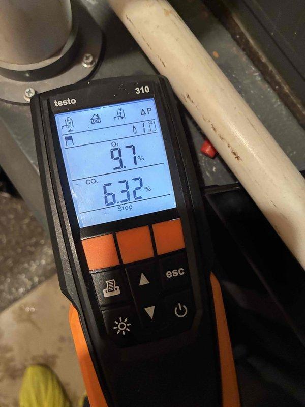 Performed comprehensive heating system tune-up, including inspection of motor assembly and components. Conducted combustion analysis using Testo 310 analyzer, which revealed O₂ levels at 9.7% and CO₂ at 6.32%, indicating proper combustion efficiency. All electrical connections, wiring harnesses, and mounting hardware were examined and verified to be in satisfactory working condition.