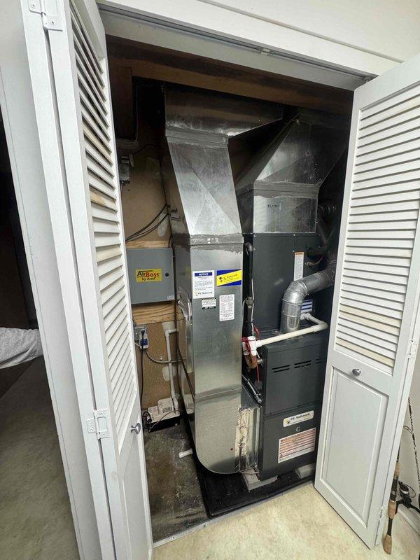 Responded to service call regarding thermostat communication issues with furnace. Customer reported having to maintain thermostat at 70 degrees for proper operation. Conducted visual inspection of furnace unit and air handler system housed in utility closet. Identified and resolved communication issue between thermostat and furnace control board. System now functioning properly with accurate temperature control.