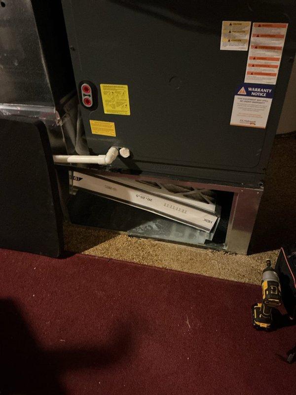 Responded to customer complaint of loud noise from furnace (described as "screws being thrown around a tin can"). Inspected unit, found loose components in blower assembly. Secured all fasteners and components. Replaced air filter (20x25x5) as preventative maintenance. Unit now operating normally with no unusual noise.