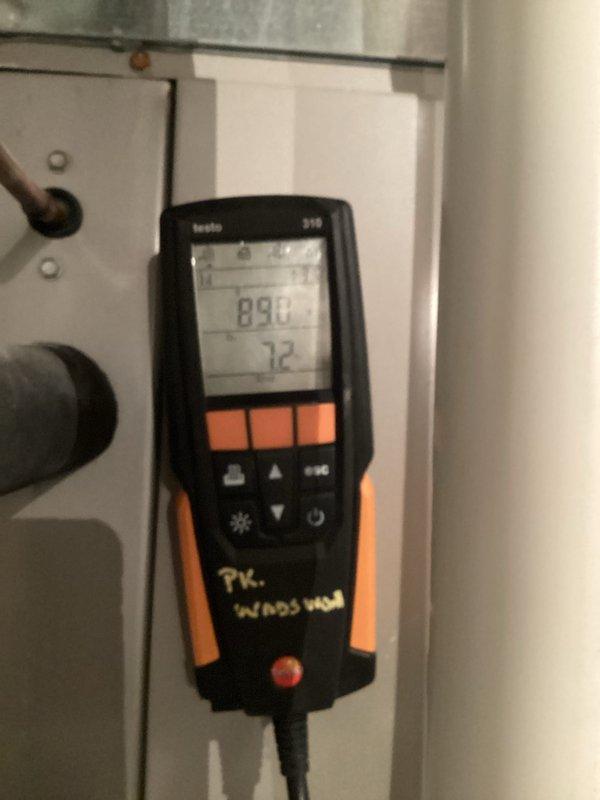 Performed heating maintenance on two systems. Conducted combustion analysis using Testo 310 analyzer, measuring flue gas temperature (850°F/90.1°F) and CO2/O2 levels (72/7.1) to verify proper combustion efficiency. All systems operating within manufacturer specifications after service.
