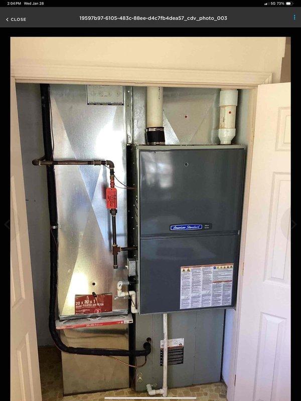 Performed diagnostic inspection on existing HVAC system and confirmed cracked heat exchanger in furnace. Presented customer Miguel with replacement options for both furnace and complete system. Customer was shown technical drawings of proposed installation layout and photos were taken of the current American Standard unit and utility closet configuration for proper sizing of replacement equipment.