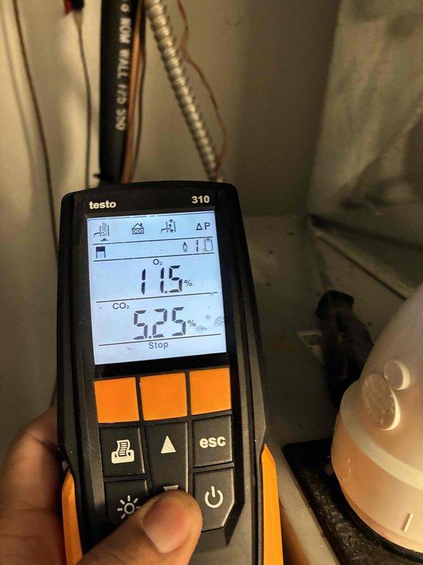 Performed scheduled heating maintenance service including inspection of blower wheel assembly for proper operation and conducted combustion analysis testing. Measurements showed O₂ at 11.5% and CO₂ at 5.25%, indicating acceptable combustion efficiency. All system components functioning within normal parameters.