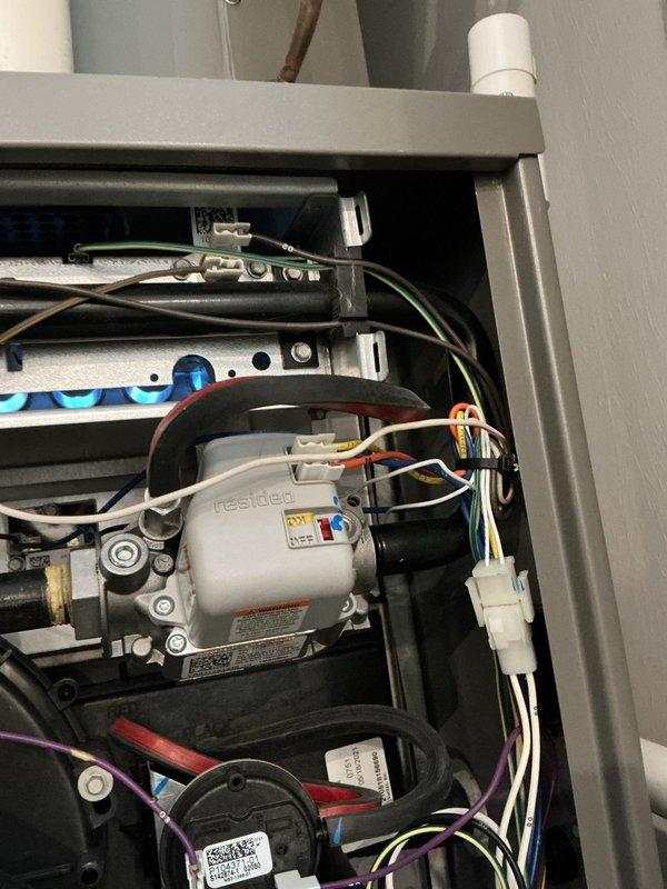 Responded to no-heat service call for a furnace system less than 5 years old that was running continuously without maintaining set temperature. Upon inspection of the Resideo gas valve and Nestec blower motor assembly, diagnosed and corrected an electrical control issue that was preventing proper cycling. System now operating normally with restored heating function.