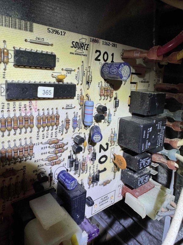 Responded to no-heat complaint where furnace was only blowing cold air. Upon inspection of York system, identified faulty Source 201 circuit control board (part #539617/1162-201). Replaced defective board and restored proper heating function.