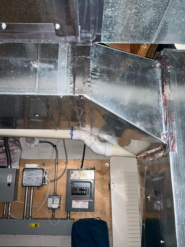 Conducted inspection of customer's furnace system and identified significant rust formation on the heat exchanger. Documented the current installation setup including the air handler unit in the basement/utility room and associated ductwork, electrical connections, and PVC piping. Presented replacement options to customer Jerrell due to the compromised heat exchanger condition which poses potential safety and efficiency concerns.