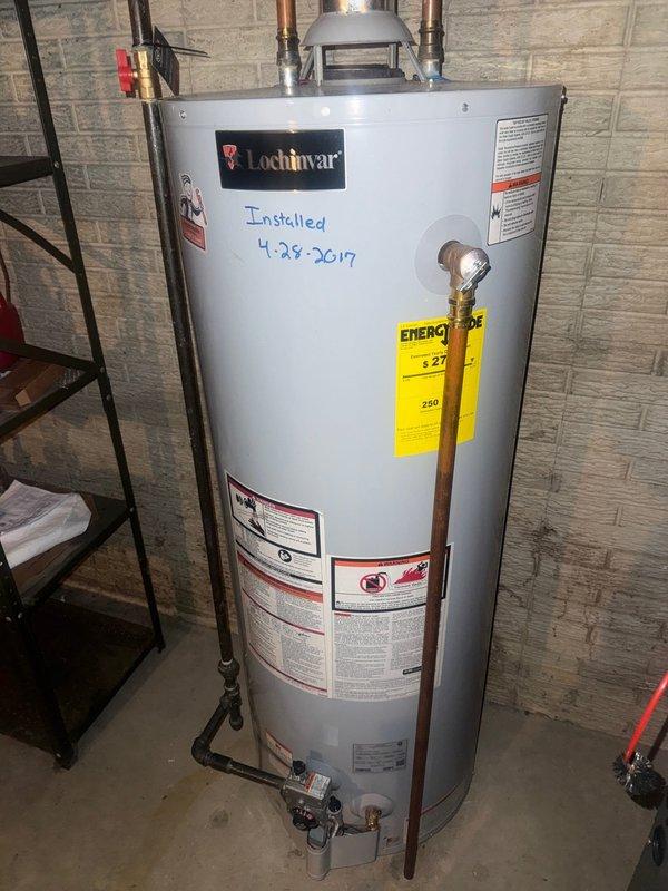 Performed scheduled maintenance on Lochinvar water heater (installed 4-28-2017). Inspected tank, connections, and venting system; all components in proper working condition with no signs of leaks or corrosion.