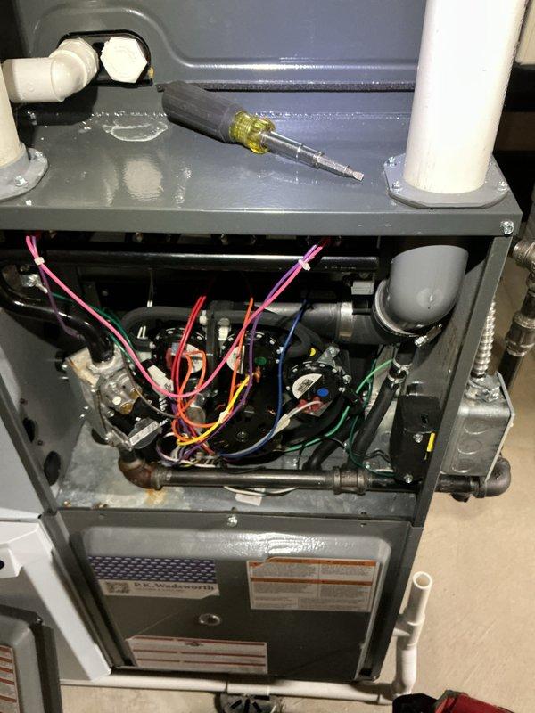 Performed routine furnace maintenance service including comprehensive inspection of internal components and wiring connections. Checked and serviced the attached Aprilaire whole-home humidifier system. All systems verified to be functioning properly with no issues detected.