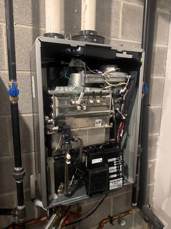 Performed comprehensive flush and service on two tankless water heaters as scheduled. Opened units to access internal components, thoroughly flushed both heat exchangers to remove mineral buildup and sediment. Inspected all plumbing connections, valves, and electronic components during service to ensure optimal system performance and efficiency.