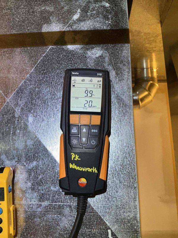 Responded to no-heat call for basement furnace. Performed combustion analysis using Testo 310 analyzer, which revealed CO readings of 20 ppm and O2 levels of 9.9%. Testing confirmed proper combustion parameters and restored heating function.