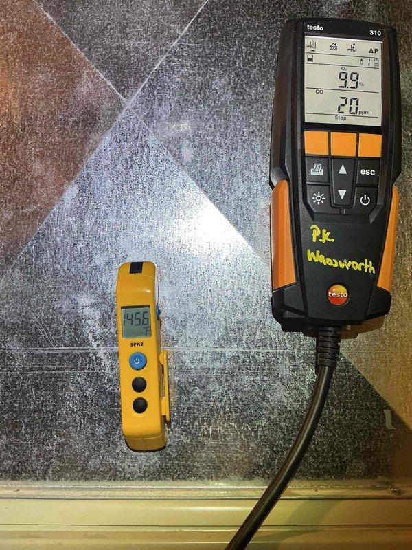 Responded to no-heat call for basement furnace. Performed combustion analysis using Testo 310 analyzer, which revealed CO readings of 20 ppm and O2 levels of 9.9%. Testing confirmed proper combustion parameters and restored heating function.