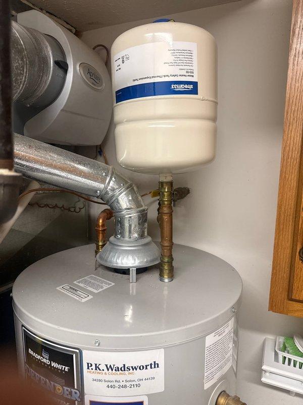 Performed scheduled maintenance on Bradford White tanked water heater. Replaced water filter as requested. Inspected expansion tank, copper/brass fittings, and ventilation system - all components in good working condition with no leaks or damage observed.
