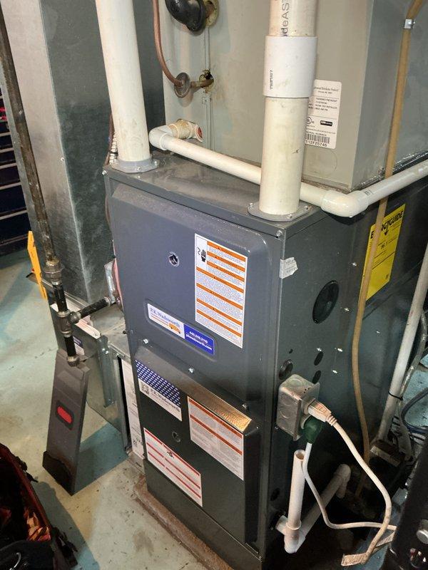 Completed scheduled contract maintenance on residential furnace system. Conducted diagnostic testing of electrical components with multimeter and inspected internal wiring/connections to ensure proper operation. Examined and verified proper functioning of all ventilation components including PVC exhaust lines and evaluated overall system condition.