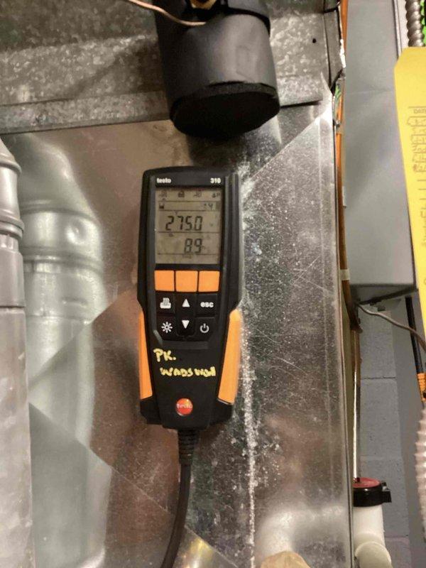 Performed scheduled monthly heating maintenance on furnace system. Conducted diagnostic testing using Testo 310 analyzer to measure temperature (27.5) and combustion parameters (8.9). Completed electrical inspection with multimeter, examining internal components and wiring while verifying proper system operation.