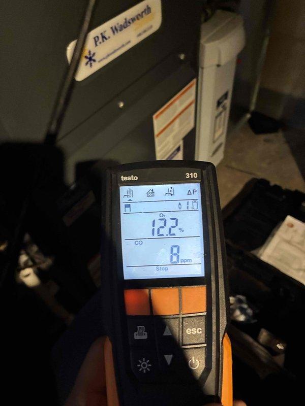 Conducted monthly maintenance on 6-year-old heating system per contract. Inspected ventilation components and performed combustion analysis with Testo 310, confirming proper O2 levels at 12.2% and verifying zero carbon monoxide emissions. All system components functioning within normal parameters.