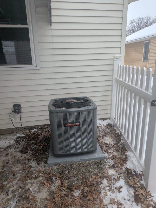 Successfully installed a complete Amana HVAC system, including a new 96% efficiency furnace and air conditioning unit. The outdoor condenser was properly positioned on a concrete pad with appropriate electrical connections and line set installation. All components were verified operational with proper refrigerant levels and connections secured.
