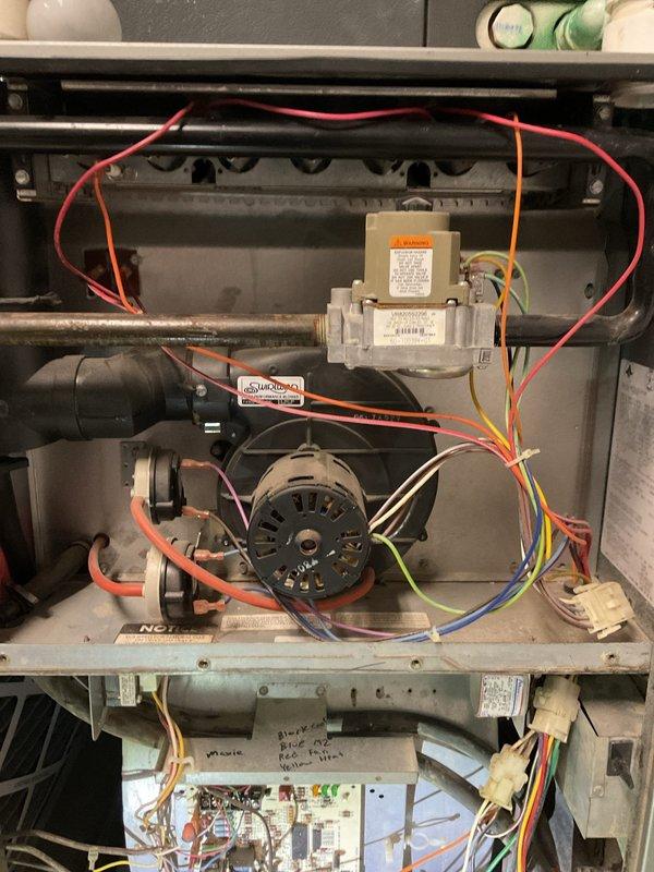 Responded to customer complaint of insufficient heating on second floor where temperature remained in low 60s despite thermostat setting in upper 70s. Performed inspection of gas furnace, examining burner assembly, heat exchanger, gas valve (model VR8205S), and draft inducer motor. Identified and corrected issue, restoring proper heating function to second floor zone.