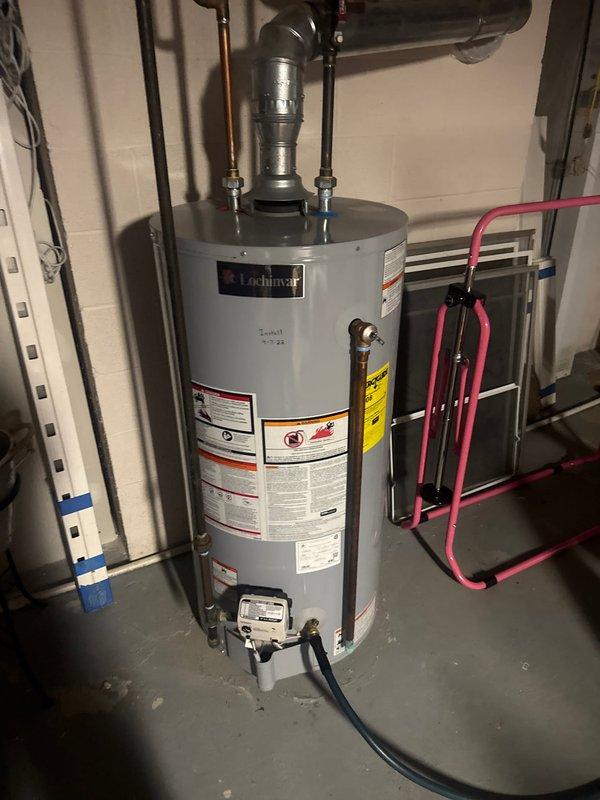 Performed scheduled maintenance service on Lochinvar tanked water heater. Inspected all connections including copper piping, ventilation system, and drainage components. Verified proper installation of expansion tank and checked all safety valves and controls. System is functioning correctly with no issues identified.
