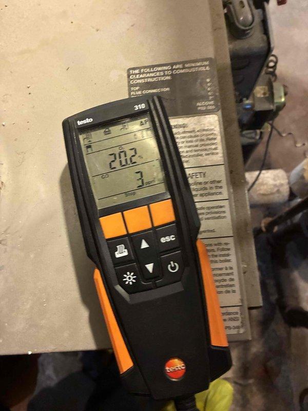 Performed routine boiler maintenance service including comprehensive inspection of the Honeywell control system and associated piping components. Conducted combustion analysis using Testo 310 analyzer, confirming proper operation with readings of 20.2% O2 and 3% CO2. System left in good working condition with all safety parameters verified.
