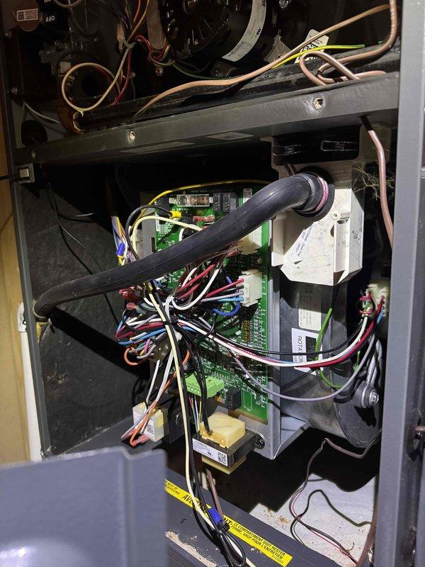 Responded to emergency no-heat call for dual-furnace system (approximately 6-8 years old) where one unit was non-operational. Diagnosed faulty circuit board on affected unit as evidenced by improper signal processing and component communication failure. Replaced control board, verified proper electrical connections, and confirmed system operation through complete heating cycle test. Both furnaces now functioning correctly with proper ignition sequence and heat distribution.