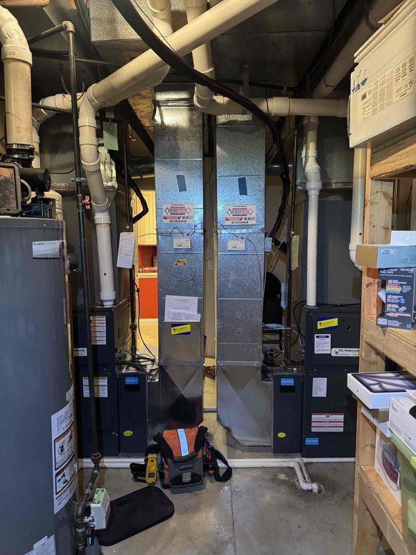Responded to emergency no-heat call for dual-furnace system (approximately 6-8 years old) where one unit was non-operational. Diagnosed faulty circuit board on affected unit as evidenced by improper signal processing and component communication failure. Replaced control board, verified proper electrical connections, and confirmed system operation through complete heating cycle test. Both furnaces now functioning correctly with proper ignition sequence and heat distribution.