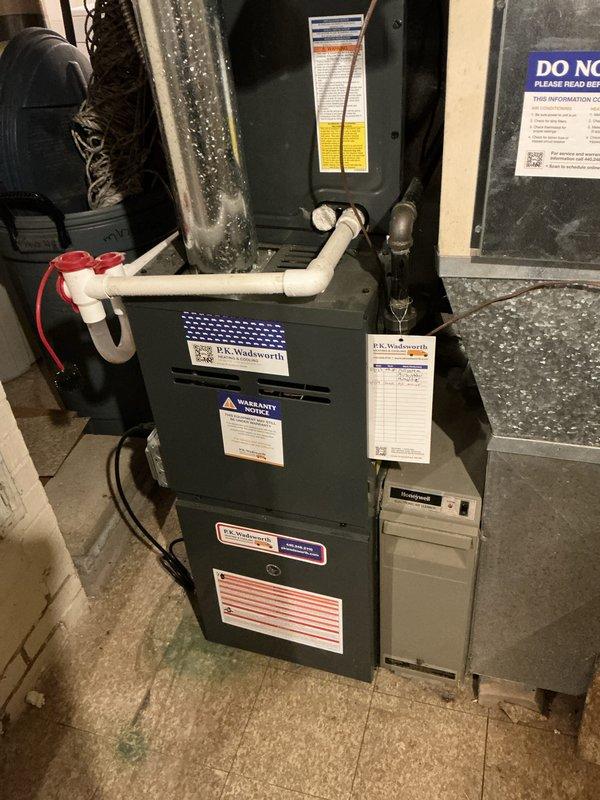 Performed heating tune-up on customer's gas furnace. Inspected electrical connections and wiring harnesses for proper termination and safety. Examined PVC drain system and verified proper operation of condensate drainage. Unit is functioning correctly with no issues identified.