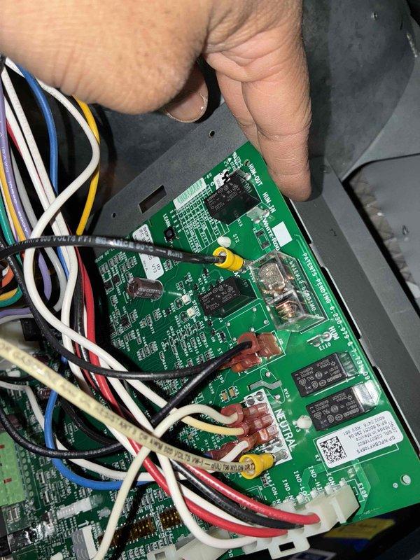 Completed replacement of defective control board and module on HVAC system. Removed original circuit board showing signs of failure and installed new green control board with proper wire connections to all terminals. Verified proper rotation and functionality of new components through system testing, confirming successful restoration of unit operation.