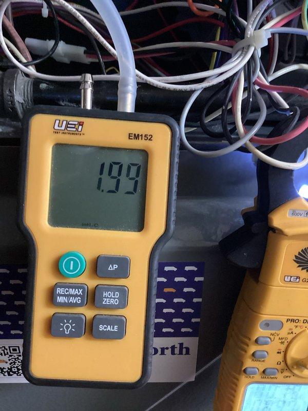 Performed scheduled heating tune-up service. Conducted electrical diagnostics using UEI PRO DL379 multimeter, measuring circuit voltage and confirming readings of 0.112 on control board. Utilized UEi EM152 pressure meter to verify system pressure differential at 1.99. All electrical connections and components were inspected and found to be operating within manufacturer specifications.