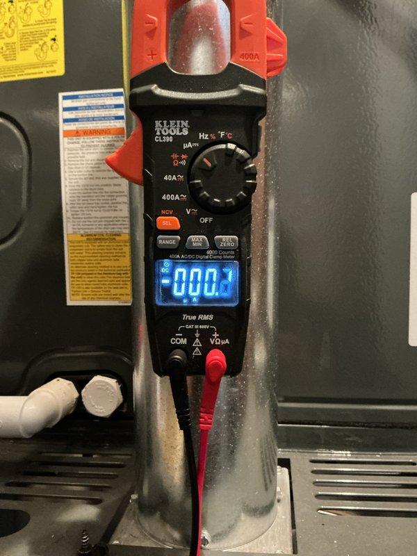 Responded to no heat call. Performed electrical diagnostics on the system using a clamp meter, taking multiple amperage readings (0.7A and 0.2A) to identify the source of failure. Located and corrected the issue, restoring proper heating function to the unit.