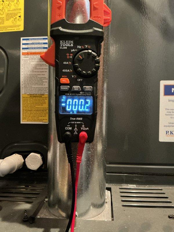 Responded to no heat call. Performed electrical diagnostics on the system using a clamp meter, taking multiple amperage readings (0.7A and 0.2A) to identify the source of failure. Located and corrected the issue, restoring proper heating function to the unit.