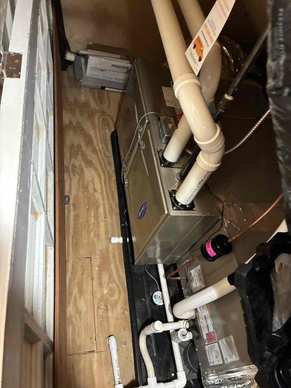 Performed scheduled maintenance on dual heating system installation consisting of 2 furnaces and boiler. Inspected heat exchanger, ductwork, and condensate drain lines. System components were found in good working order with minor dust accumulation noted on internal components. All connections and PVC ventilation piping verified secure with no leaks detected.