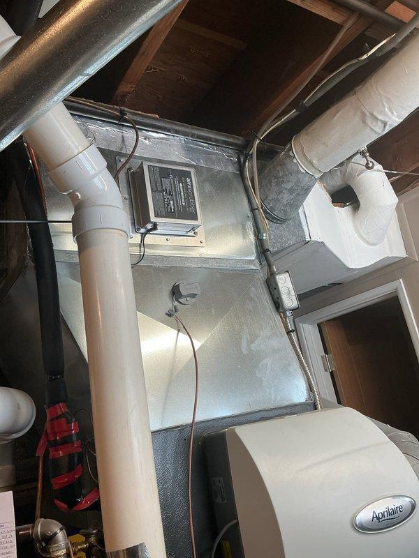 Performed diagnostic inspection of furnace that had previously experienced intermittent operation issues. Replaced air scrubber UV bulb in the attic-mounted unit. Verified proper system operation with all components functioning correctly after service.