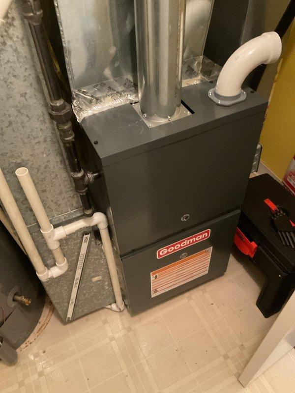Performed annual heating maintenance on Goodman furnace system. Inspected and replaced air filter. Evaluated temperature variance between floors as per customer concern; recommended further assessment of zoning options or airflow balancing to address the multi-level temperature differential.