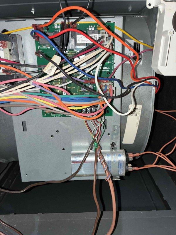 Completed heating maintenance service including inspection of blower wheel assembly and control board. Verified proper electrical connections on the circuit board (CN5T2-D) and examined fan components for functionality. All systems checked and operating normally.