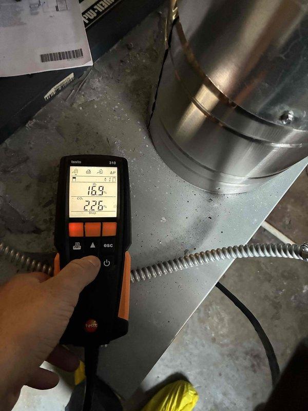 Performed scheduled boiler maintenance service including comprehensive inspection of system components. Conducted combustion analysis using Testo 310 analyzer, verifying proper operation with readings of 16.9% and 22.6% recorded. All parameters confirmed within manufacturer specifications; system operating efficiently.