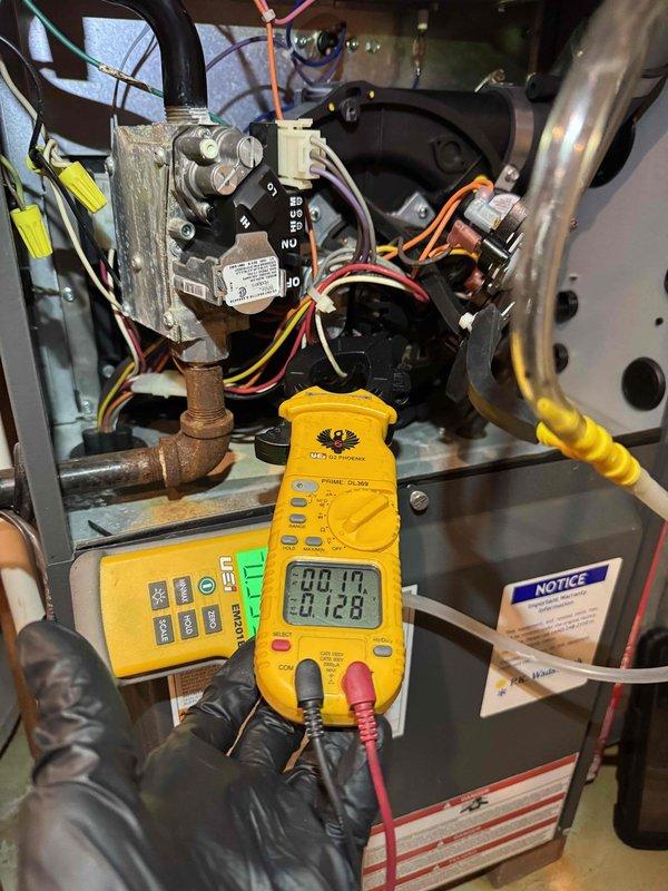 Diagnosed no-heat complaint by performing electrical diagnostic testing on pressure switches and control board. Checked voltage at gas valve assembly and verified proper operation of ignition sequence. System restored to normal operation after resolving faulty electrical connection.