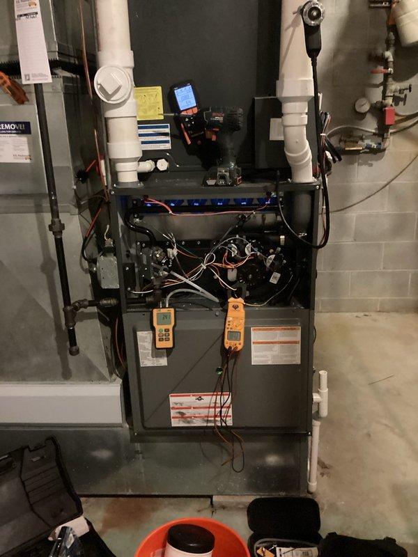 Performed comprehensive maintenance on six furnace systems. Conducted diagnostic testing including static pressure measurements (3.56 inH2O recorded on UEI EM152 instrument) and inspected internal components including circuit boards and control systems. All systems verified operational with appropriate connections and ventilation systems intact.