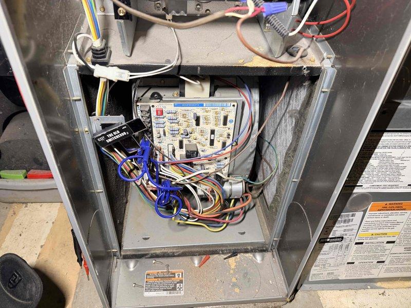 Responded to no heat complaint on aging furnace. Diagnostic inspection revealed faulty circuit board causing system failure. Replaced control board and verified proper operation of pressure switches and draft inducer motor, restoring heat functionality. System now operating within specifications.