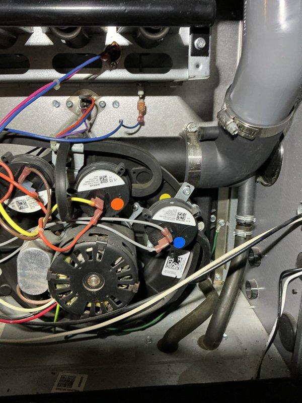 Performed routine maintenance on residential heating system. Inspected Aprilaire humidifier mounted to furnace, checked all electrical connections, and verified proper operation of pressure switches. System is functioning properly with no issues identified.