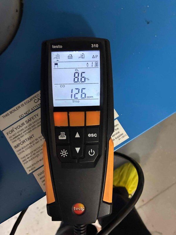 Completed routine maintenance on three heating systems. Performed combustion analysis with Testo 310 analyzer, measuring O2 levels at 86% and CO at 125 ppm. Inspected and serviced air vent valve, noting minor corrosion on connecting copper pipe that requires monitoring.
