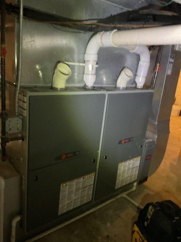 Performed scheduled maintenance on dual furnace system. Inspected and tested all components including electrical connections, motor assembly, and circuit board. Both units are functioning properly with clean connections and no visible issues in the ventilation system.