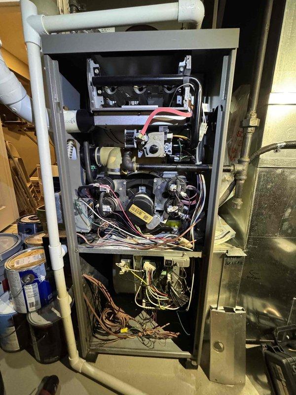 Performed routine heating maintenance on furnace system, inspecting internal components including blower motor, circuit boards, and wiring connections. All systems functioning properly with no immediate concerns identified. Customer requested estimate for smart thermostat installation, which will be provided separately.